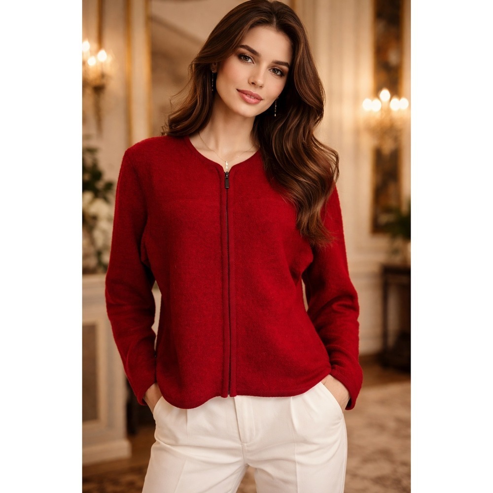 ALPS 100% Wool Zip Cardigan Structured Burgundy Quiet Luxury Essential Old Money